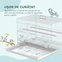 Colivie pentru Pasari din Metal cu Stinghii, Boluri pentru Mancare si Maner, 60x41x41cm, Alb(m-5)