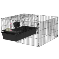 PawHut Gaiola para pequenos animais com cercadinho removível, parque com estábulo, incl. acessórios, preto(m-7)