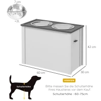 PawHut Estação de Alimentação Tigelas Elevadas 1 Compartimento 2 Tigelas de Aço Inoxidável, 60 x 30 x 42cm, Branco + Cinza(m-3)