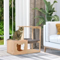 PawHut Caverna para Gatos, Cama para Gatos com Rede, Poste de Sisal, Plataforma Casa para Gatos em Madeira Arranhador para Gatos para Interior 70 x 35 x 60 cm Natural(m-2)