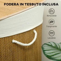 HOMCOM Cesto Portabiancheria in Bambù con Coperchio, 144L, 3 Scomparti, Sacca Removibile e Lavabile, Maniglie, Marrone(m-7)