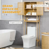 kleankin Étagère de toilettes meuble de salle de bain dessus toilette WC avec placard 2 portes et étagère ouverte 60 x 23 x 173 cm bambou(m-4)