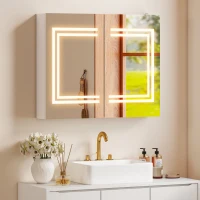 kleankin Spiegelschrank mit LED-Beleuchtung, 80 x 65cm Badezimmerschrank mit Spiegel, Soft-Close-Tür, dimmbar in 3 Farben, verstellbare Einlegeböden, Glänzendes Weiß(m-6)