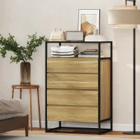 HOMCOM Cómoda Dormitorio con 4 Cajones Superficie de Vidrio Templado Estante Abierto Estructura de Acero 60x40x94,5 cm Teca(m-9)