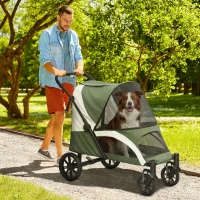 PawHut Carrinho para cães, Buggy dobrável para cães de porte médio, Carrinho para pets com 4 rodas, Trela de segurança Travões Verde escuro(m-2)