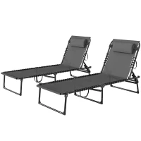 Outsunny Lot de 2 bain de soleil transat pliable dossier inclinable multi-positions acier lacets élastiques textilène gris(m-12)