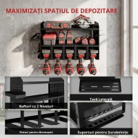 Outsunny Organizer pentru unelte de grădină 2-niveluri Suport scule cu cârlige Tăviță laterală până la 50 kg 61,8 x 23 x 32,7cm Negru(m-5)