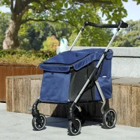 PawHut Carrinho para cães, transporte leve e dobrável para cães pequenos, almofada lavável, janelas em tela, Azul escuro(m-6)