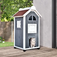 PawHut Casa para Gatos para Exterior, Casa de 2 Andares em Madeira de Abeto, Abrigo resistente às intempéries com telhado asfáltico, Cinza, 59 x 55 x 109 cm(m-2)