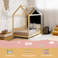 HOMCOM Struttura Letto per Bambini a Forma di Casetta con Doghe e Recinzione, in Legno di Pino, Color Legno(m-4)