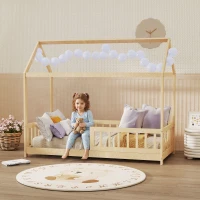 HOMCOM Bettgestell für Kinder in Hausform mit Latten und Schutzumrandung, aus Kiefernholz, Holzfarbe(m-2)