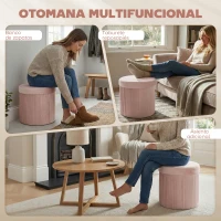 HOMCOM Puff Almacenaje Banco Almacenaje Plegable 35 L 38x38x38 cm Tapizado en Terciopelo Baúl de Almacenamiento Redondo Rosa(m-7)