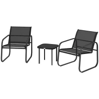 Outsunny 3-teiliges Bistro-Garten-Set mit 2 Textilene-Stühlen und Niedrigtisch mit Einscheibensicherheitsglas, schwarz(m-7)