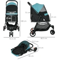 PawHut Carrinho para animais de estimação, carrinho para cães, dobrável, com capa de chuva, 2 suportes para bebidas, Azul + Preto(m-3)