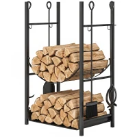 Outsunny Estante de Leña para Chimenea 44,5x29,5x73 cm Soporte para Leña de 2 Niveles Leñero Exterior e Interior Metálico con 4 Herramientas Carga Máx. 70 kg Negro(m-12)
