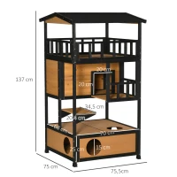 PawHut Caseta para Gatos de Madera 75,5x75x137 cm con Techo Asfáltico Plataformas para Interior y Exterior Natural(m-3)
