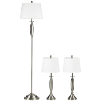 HOMCOM Conjunto de 3 luminárias. 1 candeeiro de pé, 2 candeeiros de mesa, aspeto em linho; 38 cm x 38 cm x 158 cm, Prata + Branco