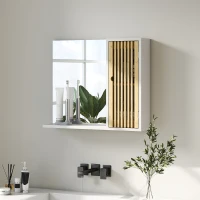 HOMCOM Espejo de Baño 60x50 cm Espejo de Pared con Puerta de Listones de Bambú Estantes de Almacenaje Blanco y Natural(m-10)