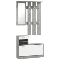 HOMCOM Set Eingangs­möbel mit Garderobe mit 6 Haken, Schuhschrank mit Schublade und Spiegel, Grau(m-1)