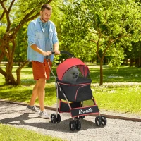 PawHut 2-em-1 Buggy para cães Trolley para cães, dobrável, 1 cesto, 1 bolsa, 82 cm x 49,5 cm x 98 cm, Vermelho(m-2)