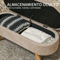 HOMCOM Banco de Almacenaje con Patas de Madera y Asiento Acolchado Carga 120 kg Puff Almacenaje Ovalado Beige(m-4)