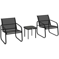 Outsunny 3-teiliges Bistro-Garten-Set mit 2 Textilene-Stühlen und Niedrigtisch mit Einscheibensicherheitsglas, schwarz(m-8)