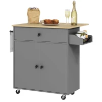 HOMCOM Desserte de cuisine sur roulettes, Îlot central cuisine tiroir étagère réglable support à épices et porte-serviette gris(m-13)