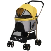 PawHut 2-em-1 Carrinho para Cães Trolley, dobrável, 1 cesto, 1 bolsa, 82 cm x 49,5 cm x 98 cm, Amarelo(m-6)