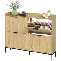 HOMCOM Schuhschrank 16 Paar mit 4 Kippfächern, klappbare Türen, verstellbare Einlegeböden, 110 x 23,5 x 95,5 cm, Eiche(m-7)