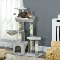 PawHut Tiragraffi per Gatti in Truciolato con Palo in Sisal, Casetta e Posatoi, 65x30x104 cm, Grigio Chiaro(m-10)