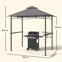 Outsunny Grillpavillon Gartenzelt Grill Pavillon Balkonpavillon mit Ablagen Flammhemmendes Doppeldach Grau 245 x 148 x 252 cm(m-3)