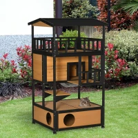 PawHut Caseta para Gatos de Madera 75,5x75x137 cm con Techo Asfáltico Plataformas para Interior y Exterior Natural(m-12)