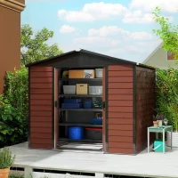 Outsunny Cobertizo de Jardín Exterior 4,4 m² 240x206x198 cm con Base Puerta Corredera y Cerradura Armario para Jardín Teca(m-10)