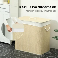 HOMCOM Cesto Portabiancheria in Bambù con Coperchio, 144L, 3 Scomparti, Sacca Removibile e Lavabile, Maniglie, Crema(m-6)