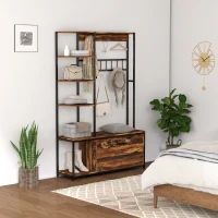 HOMCOM Garderobenständer mit Schuhablage 10 Haken, 3 Ablagen, 2-stufiger Klapp-Schuhschrank, Braun(m-6)