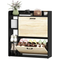 HOMCOM Scarpiera Slim con 2 Cassetti Ribaltabili e 3 Vani Aperti, Capacità 15 Scarpe, 83x24x90.5 cm, Nero(m-11)