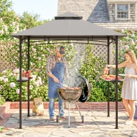Outsunny Grillpavillon Gartenzelt Grill Pavillon Balkonpavillon mit Ablagen Flammhemmendes Doppeldach Grau 245 x 148 x 252 cm(m-8)