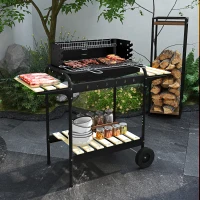 Outsunny Barbecue à charbon BBQ grill sur pied avec gril réglable 2 roues et 3 étagères récupérateur de cendres noir(m-10)