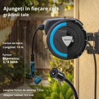Outsunny Derulator Furtun Udare Montat pe Perete 14+1,5 m cu Blocare și Adaptoare, Rotativ 180°, 12 Moduri, 49x15x37cm, Albastru(m-7)