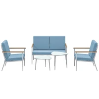Outsunny Gartenlounge für 4 Personen, 5‑teiliges Balkon‑Set mit Sofa, 2 Sesseln und 2 Couchtischen, Hellblau(m-7)