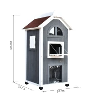 PawHut Casa para Gatos para Exterior, Casa de 2 Andares em Madeira de Abeto, Abrigo resistente às intempéries com telhado asfáltico, Cinza, 59 x 55 x 109 cm(m-3)