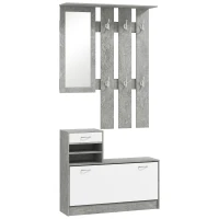 HOMCOM Set Eingangs­möbel mit Garderobe mit 6 Haken, Schuhschrank mit Schublade und Spiegel, Grau(m-7)