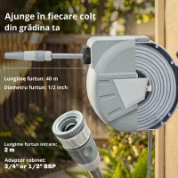 Outsunny Tambur furtun de perete 40+2 m x Ø 15mm, tambur pentru furtun de apă retractabil automat pivotant la 180°, Gri(m-6)
