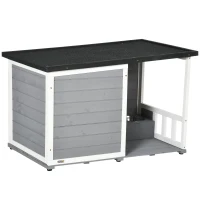 PawHut Casota em madeira maciça, com 2 tigelas, varanda, resistente às intempéries, 103 cm x 62 cm x 66 cm, Cinza + Branco(m-7)