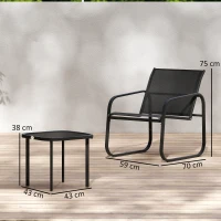 Outsunny 3-teiliges Bistro-Garten-Set mit 2 Textilene-Stühlen und Niedrigtisch mit Einscheibensicherheitsglas, schwarz(m-3)