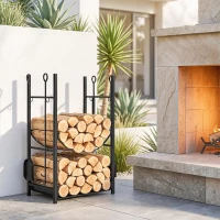 Outsunny Estante de Leña para Chimenea 44,5x29,5x73 cm Soporte para Leña de 2 Niveles Leñero Exterior e Interior Metálico con 4 Herramientas Carga Máx. 70 kg Negro(m-10)