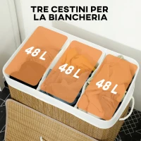 HOMCOM Cesto Portabiancheria in Bambù con Coperchio, 144L, 3 Scomparti, Sacca Removibile e Lavabile, Maniglie, Marrone(m-4)