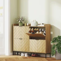 HOMCOM Schuhschrank 16 Paar mit 4 Kippfächern, klappbare Türen, verstellbare Einlegeböden, 110 x 23,5 x 95,5 cm, Eiche(m-2)