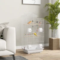PawHut Gabbia per Uccelli, Voliera con Maniglia e Porte, Gabbietta con Altalena, Ciotole e Giochi, 46x36x100 cm, Bianco(m-2)