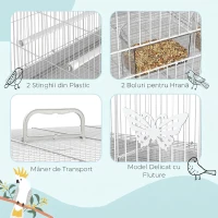 Colivie pentru Pasari din Metal cu Stinghii, Boluri pentru Mancare si Maner, 60x41x41cm, Alb(m-6)